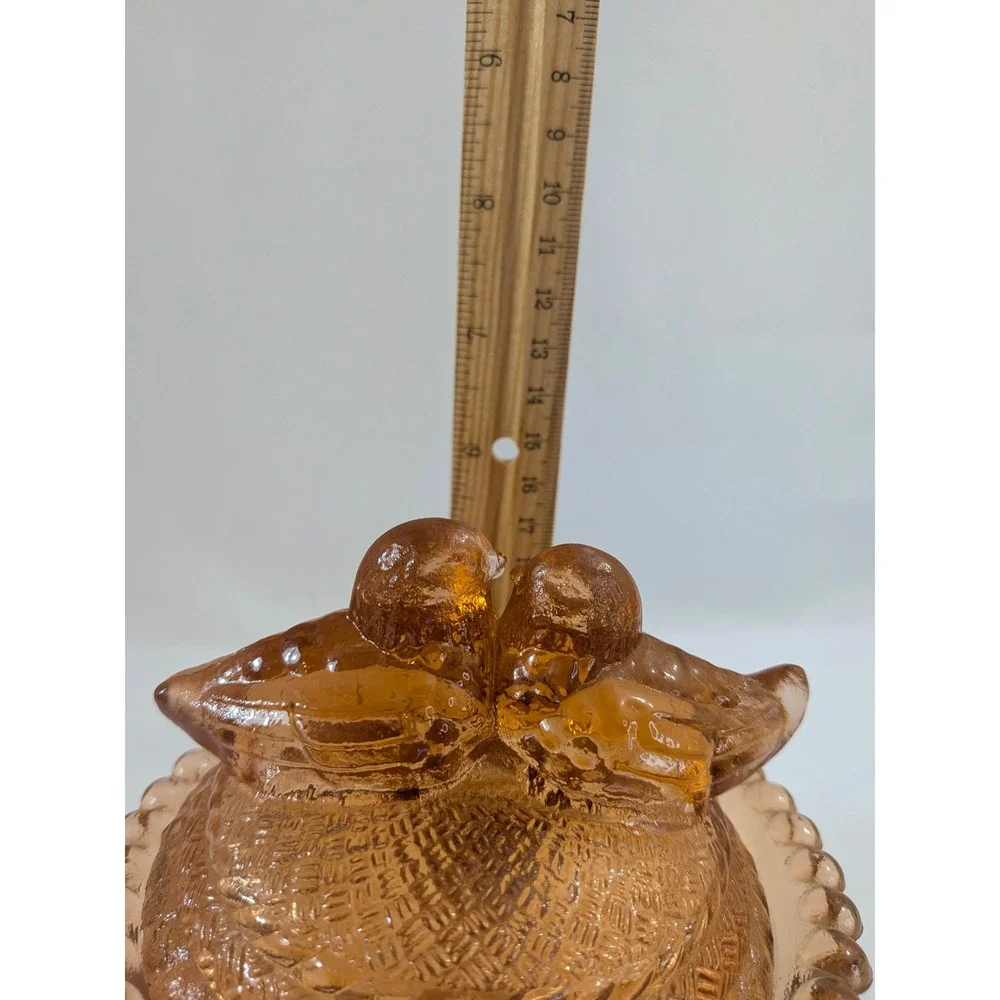 Westmoreland Amber Glass Love Birds in a Nest Lidded Trinket Dish Footed Beaded